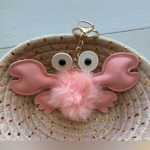 Pink Crab Keychain with Fluffy Pom Pom